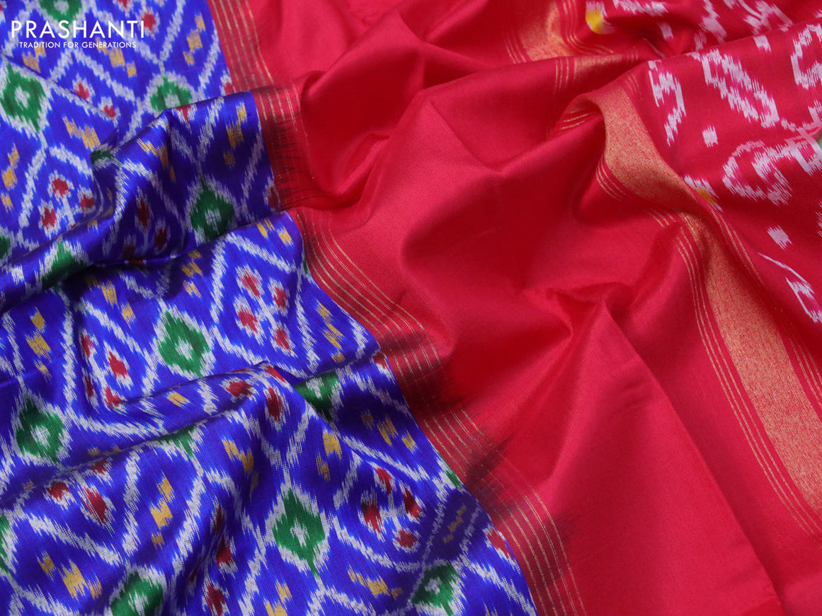 Pochampally silk saree blue and red with allover ikat weaves and long woven zari border