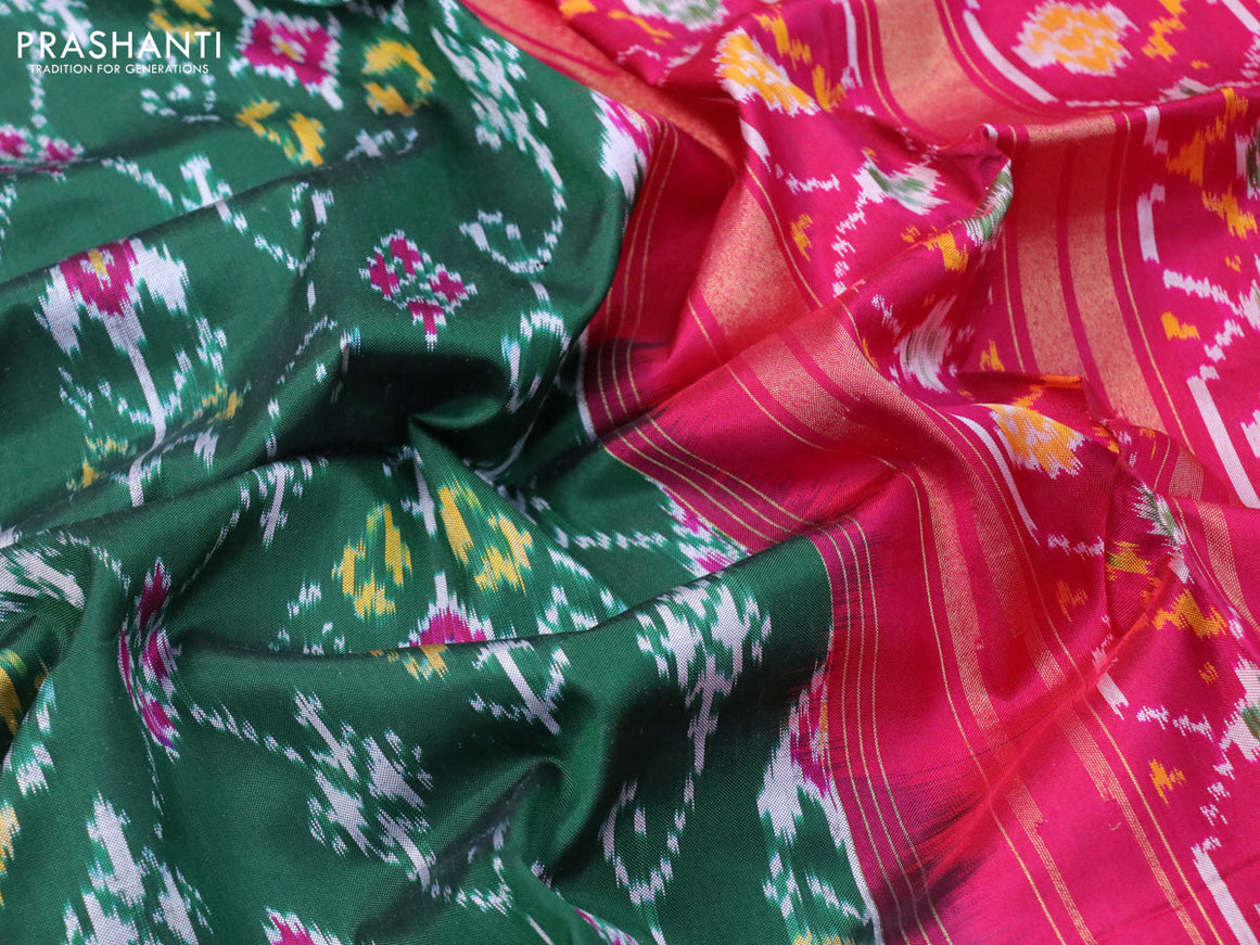 Pochampally silk saree green and pink with allover ikat weaves and long ikat woven zari border