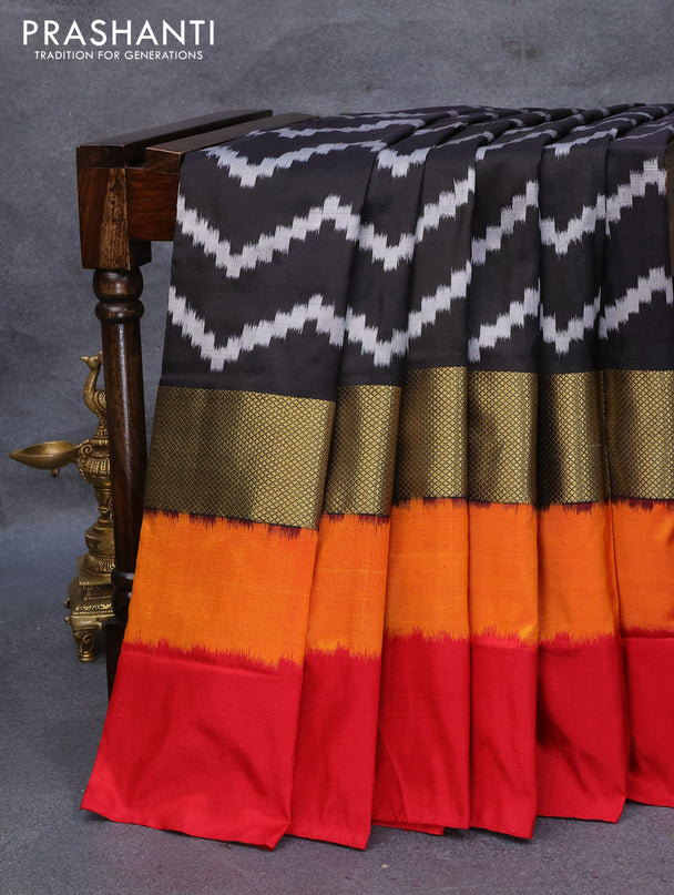 Pochampally silk saree black and red with allover ikat zig zag weaves and zari woven simple border