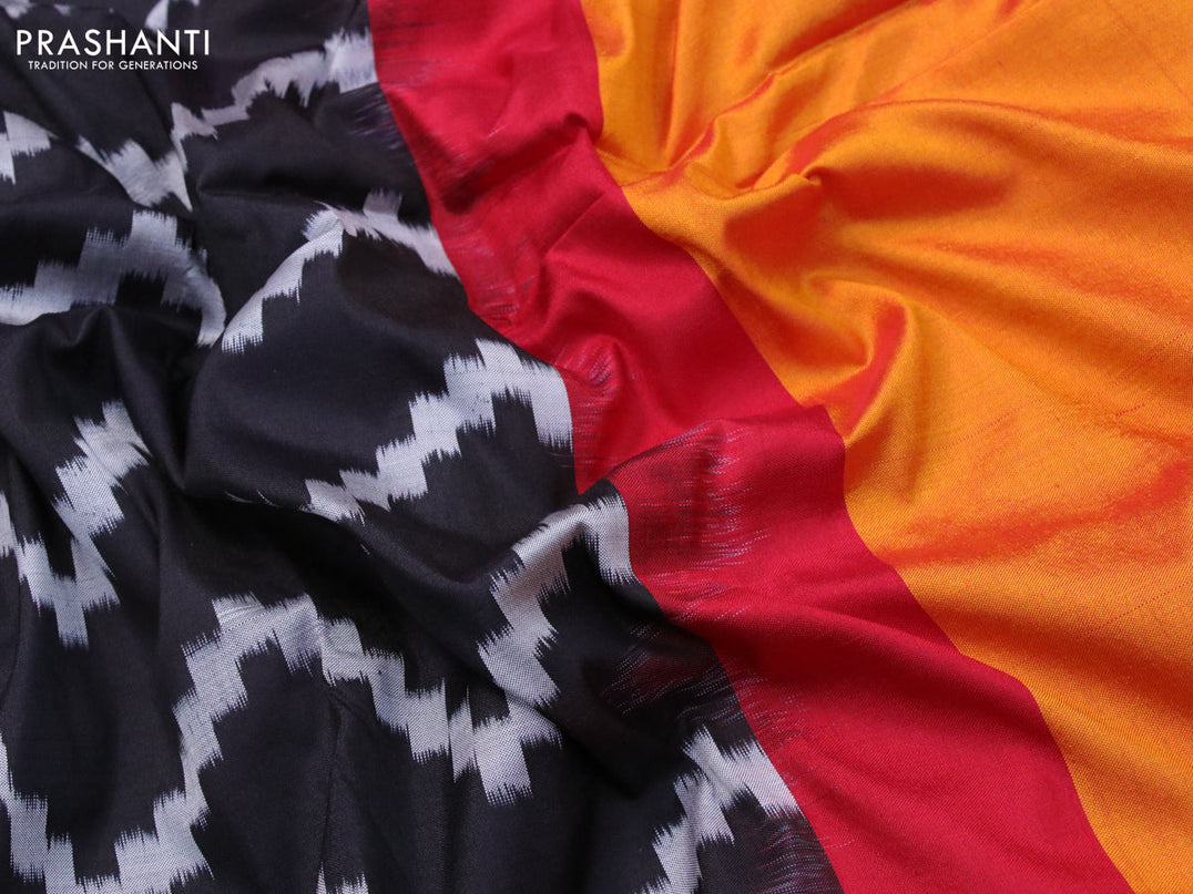 Pochampally silk saree black and red with allover ikat zig zag weaves and zari woven simple border