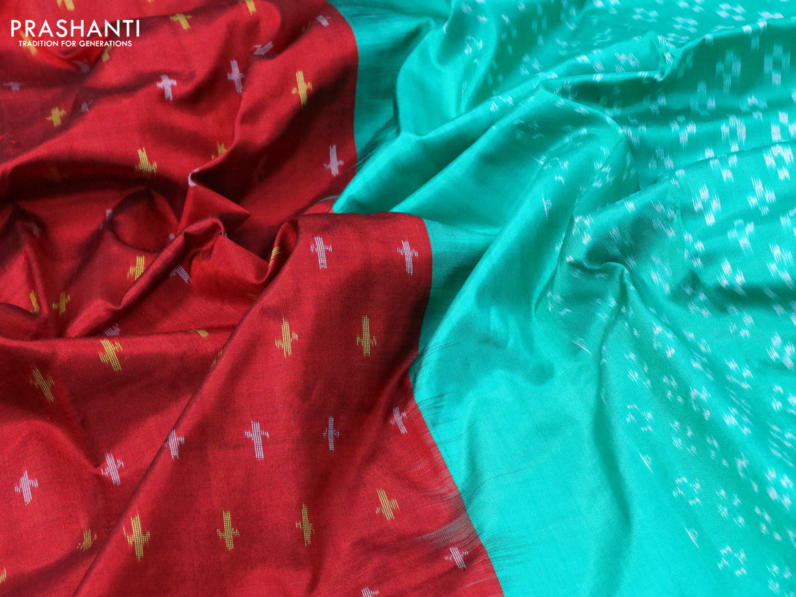 Pochampally silk saree maroon and teal green with allover ikat woven butta weaves and simple border
