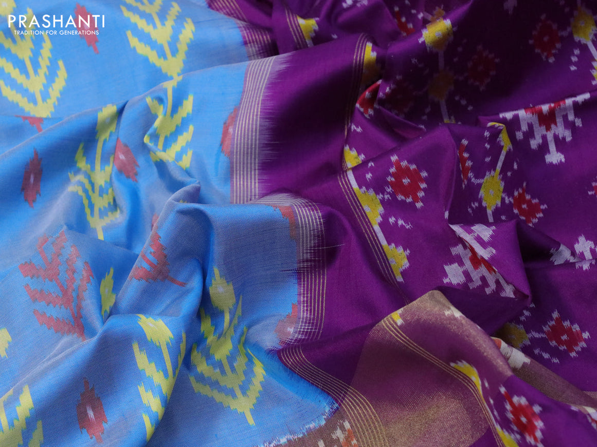 Pochampally silk saree blue shade and deep purple with allover ikat woven butta weaves and ikat woven zari border