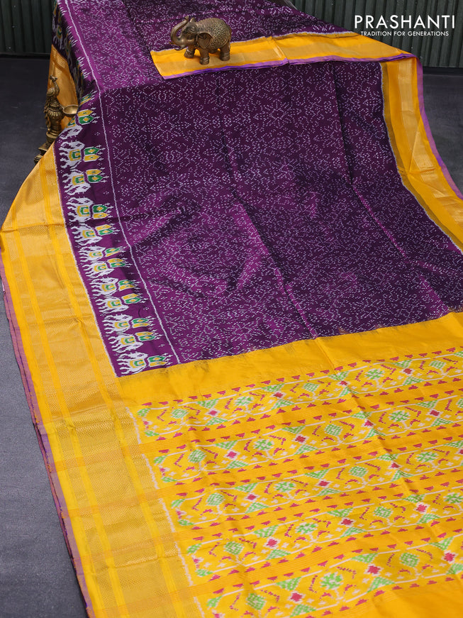 Pochampally silk saree deep purple and mango yellow with allover ikat weaves and zari woven border