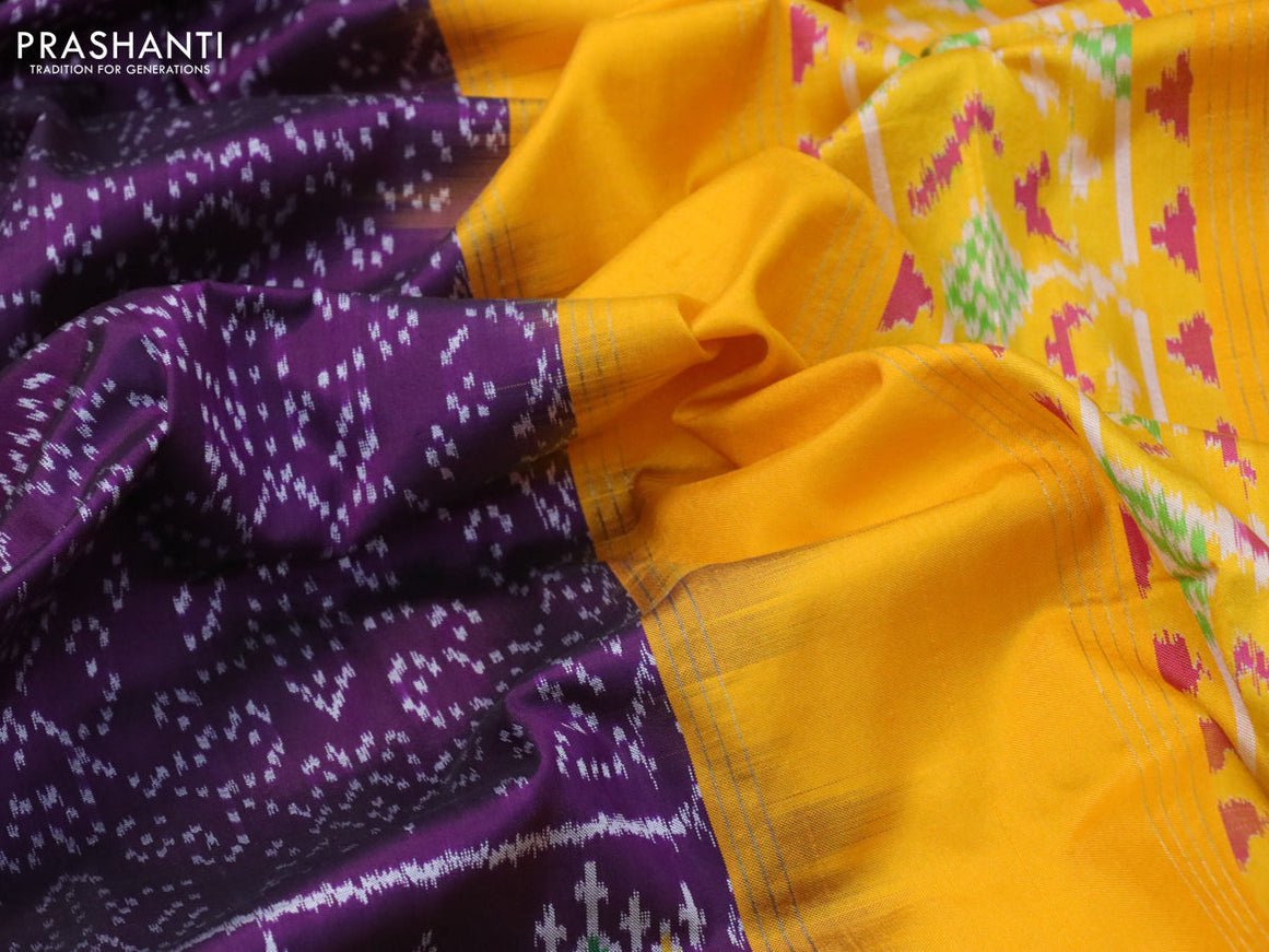 Pochampally silk saree deep purple and mango yellow with allover ikat weaves and zari woven border