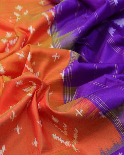 Pochampally silk saree orange and violet with allover ikat weaves and ikat woven zari border