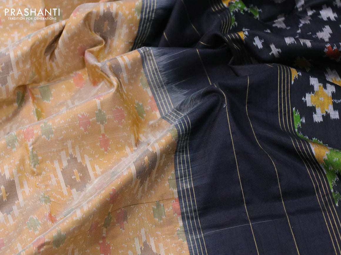 Pochampally silk saree mustard shade and black with allover ikat weaves and ikat woven zari border