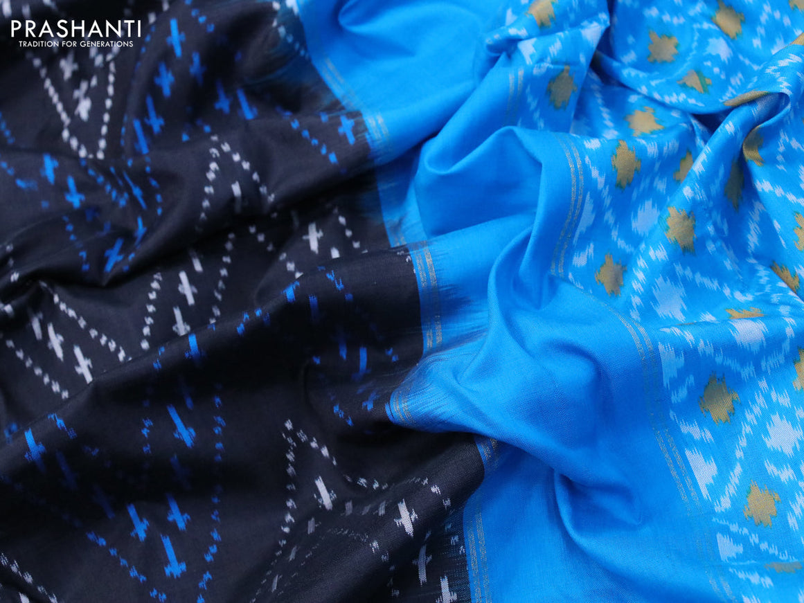 Pochampally silk saree black and cs blue with allover ikat weaves and long ikat woven zari border