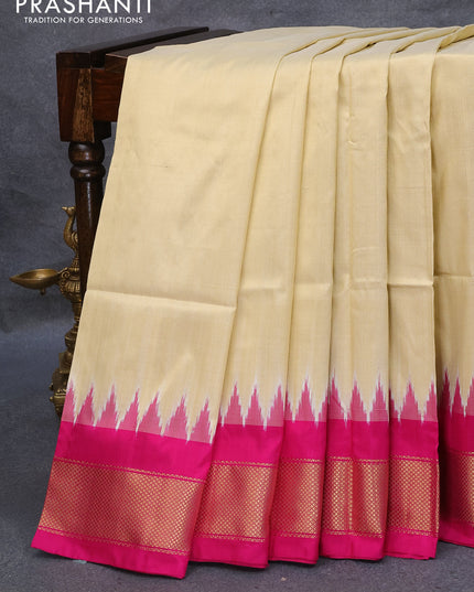 Pochampally silk saree sandal and pink with plain body and temple design zari woven border