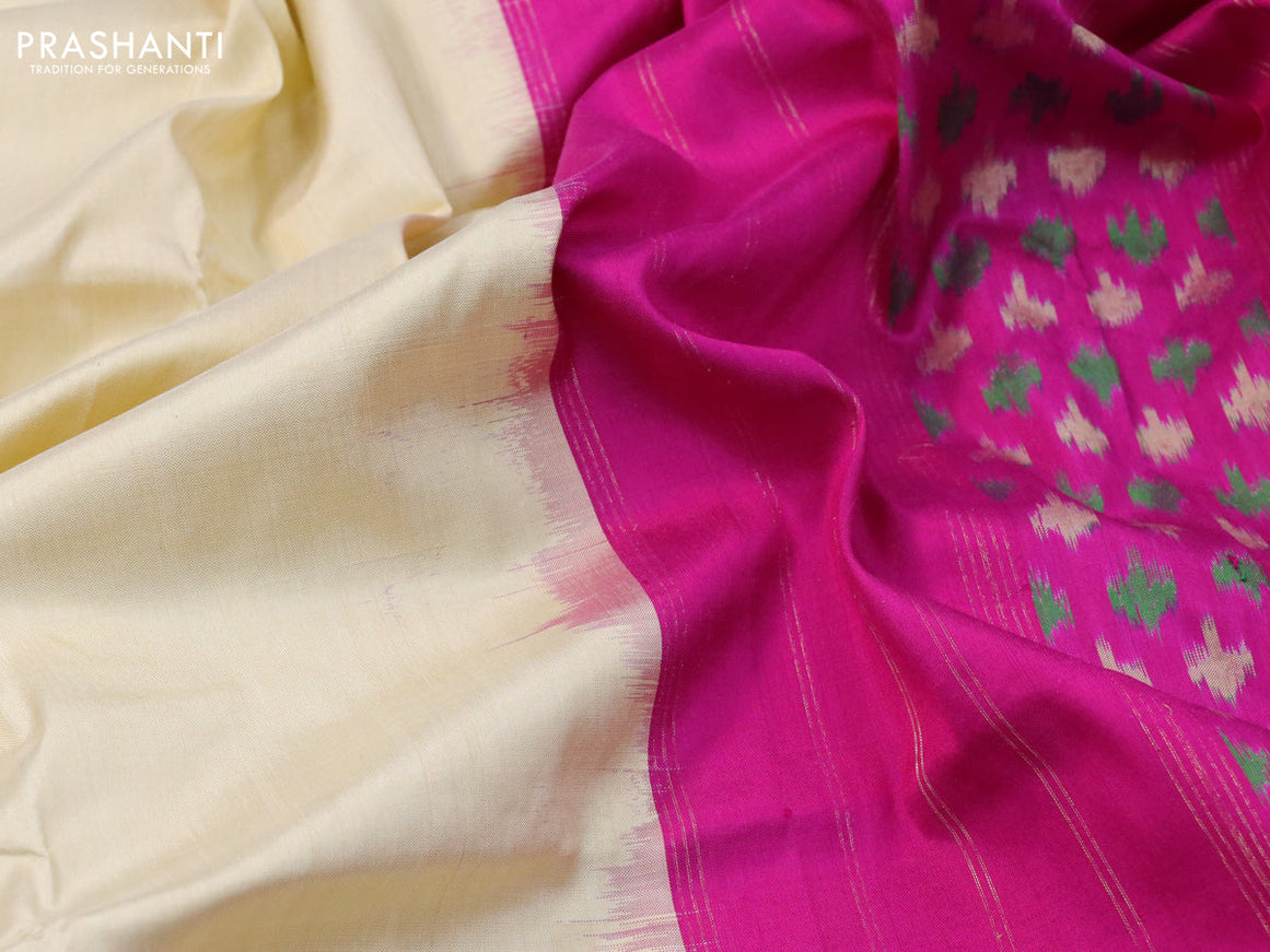 Pochampally silk saree sandal and pink with plain body and temple design zari woven border