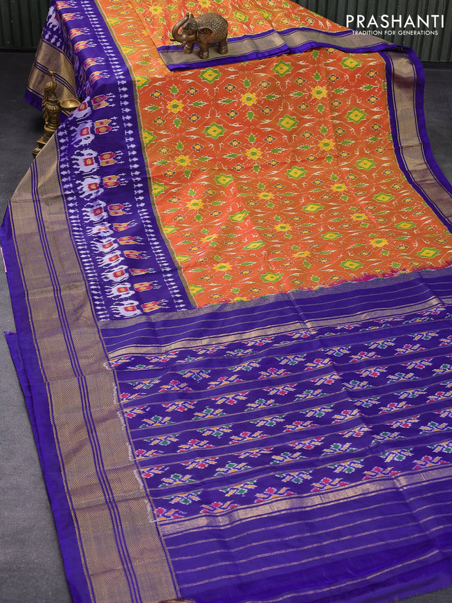 Pochampally silk saree dual shade of mustard and blue with allover ikat weaves and long ikat woven zari border