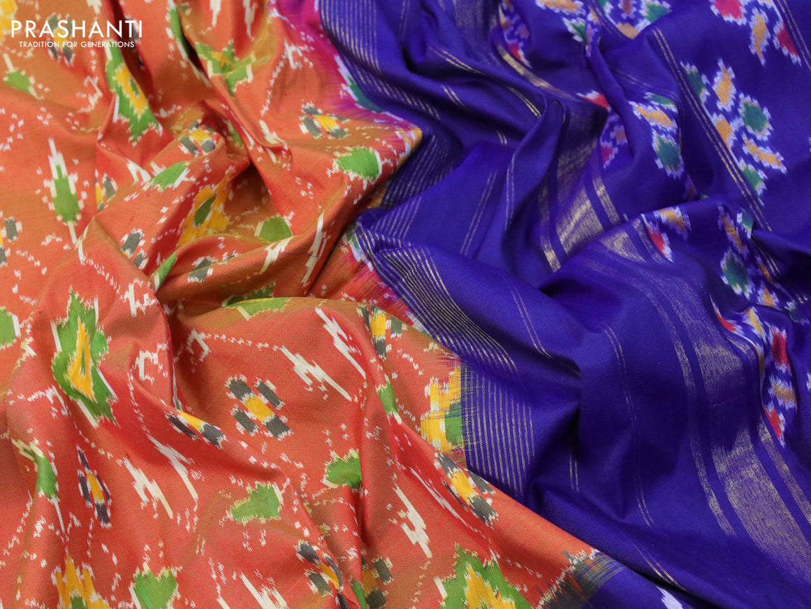 Pochampally silk saree dual shade of mustard and blue with allover ikat weaves and long ikat woven zari border