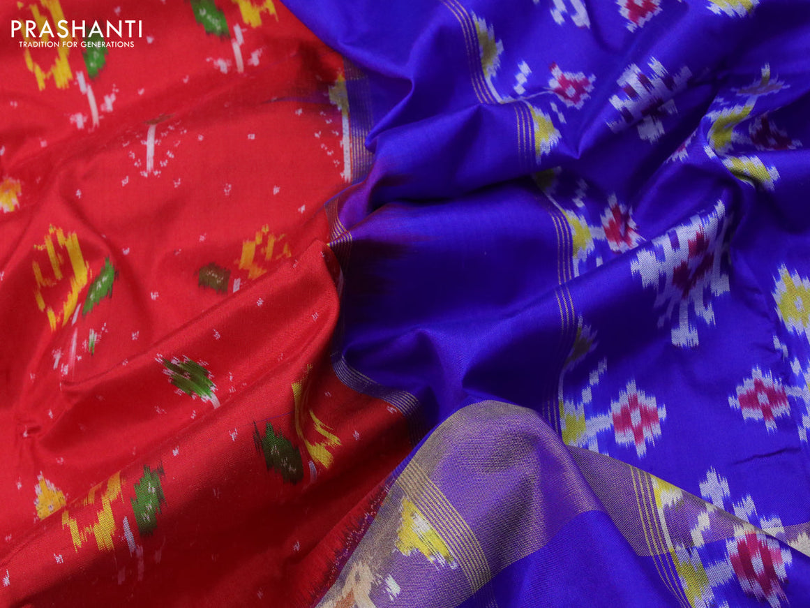 Pochampally silk saree red and blue with allover ikat weaves and ikat design zari woven border
