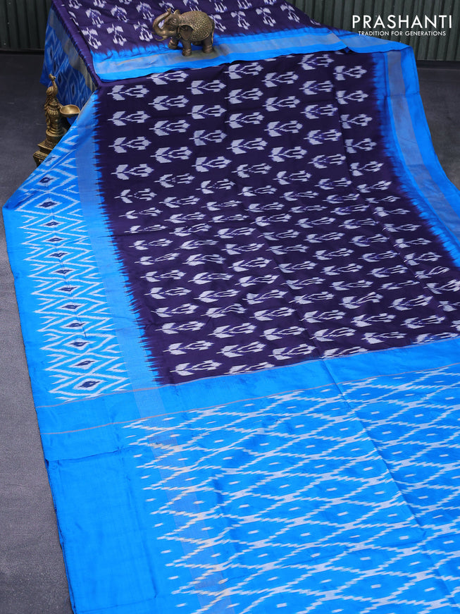 Pochampally silk saree dark blue and cs blue with allover ikat woven butta weaves and zari woven ikat style border