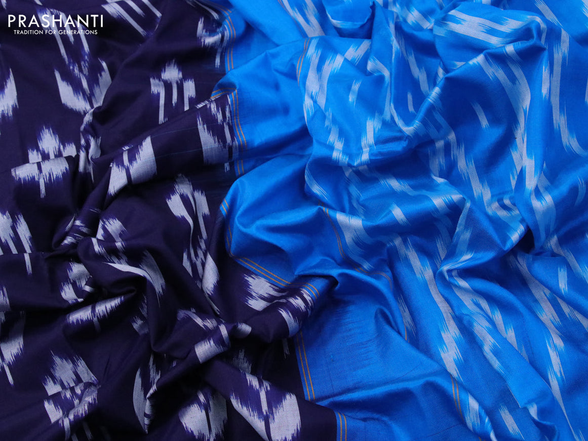Pochampally silk saree dark blue and cs blue with allover ikat woven butta weaves and zari woven ikat style border