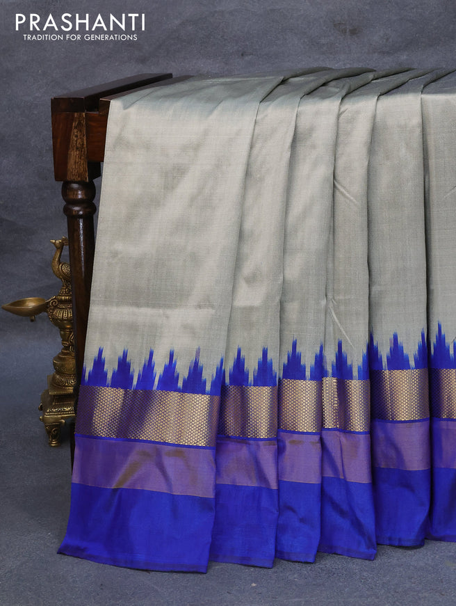 Pochampally silk saree grey shade and blue with plain body and temple design zari woven simple border