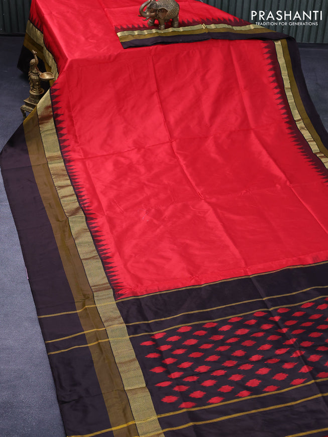 Pochampally silk saree red and coffee brown with plain body and temple design zari woven simple border