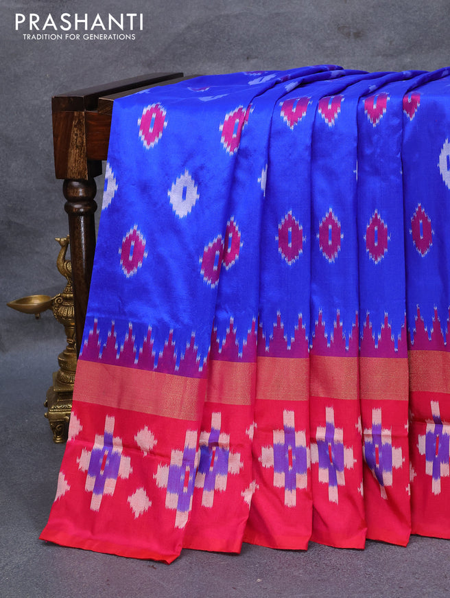 Pochampally silk saree blue and pink with allover ikat woven butta weaves and zari woven ikat style border