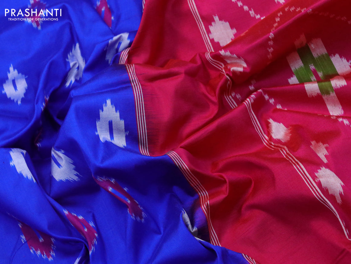 Pochampally silk saree blue and pink with allover ikat woven butta weaves and zari woven ikat style border