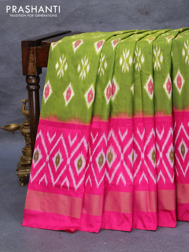 Pochampally silk saree mehendi green and pink with allover ikat woven butta weaves and ikat design zari woven border