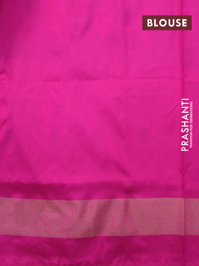 Pochampally silk saree mehendi green and pink with allover ikat woven butta weaves and ikat design zari woven border