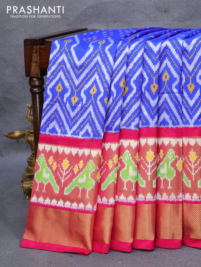 Pochampally silk saree blue and magenta pink with allover ikat woven butta weaves and long ikat woven zari border