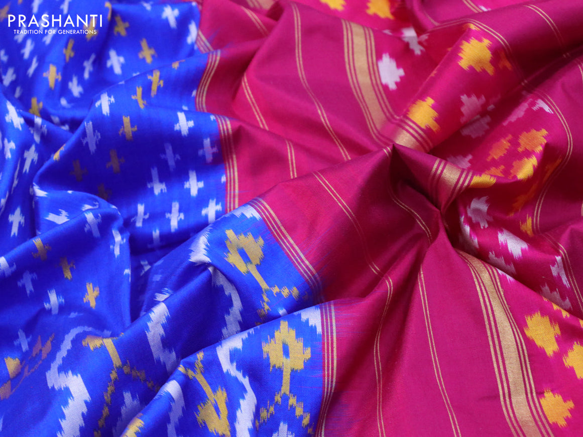 Pochampally silk saree blue and magenta pink with allover ikat woven butta weaves and long ikat woven zari border