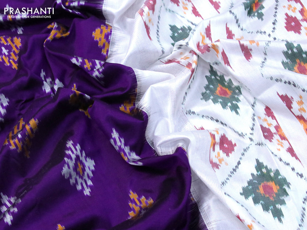 Pochampally silk saree violet and off white with allover ikat woven butta weaves and simple border