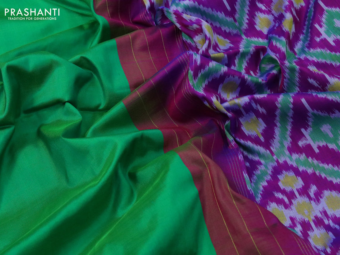 Pochampally silk saree green and purple with plain body and annam design zari woven border