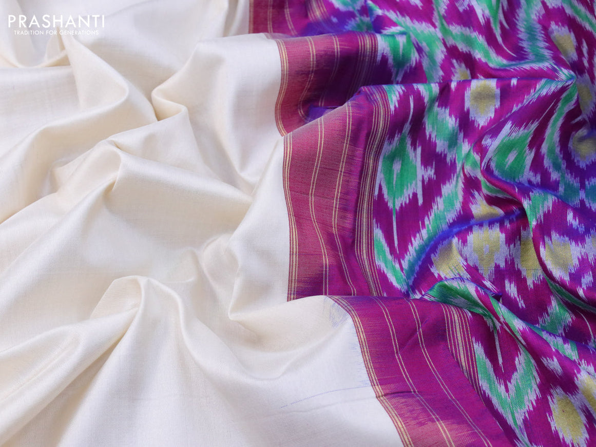 Pochampally silk saree cream with plain body and annam design zari woven ganga jamuna border