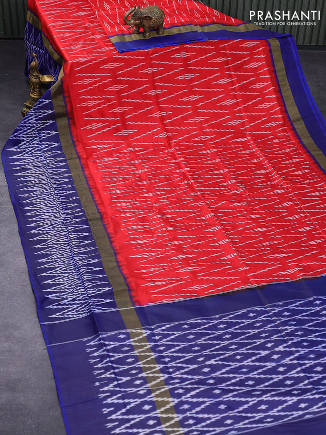 Pochampally silk saree red and blue with allover ikat weaves and zari woven simple border