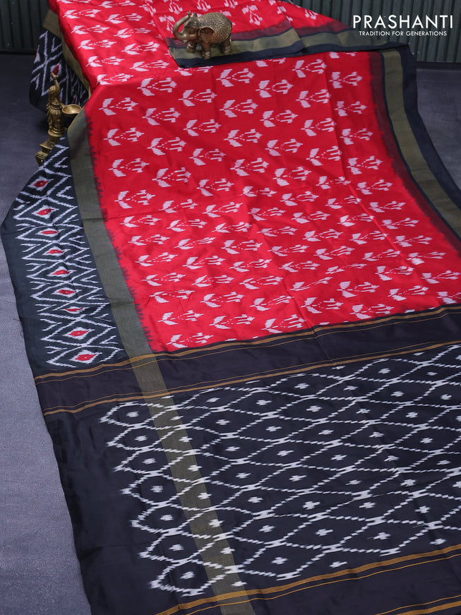 Pochampally silk saree red and black with allover ikat woven butta weaves and zari woven ikat style border