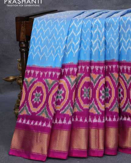 Pochampally silk saree light blue and purple with allover ikat weaves and ikat design zari woven border
