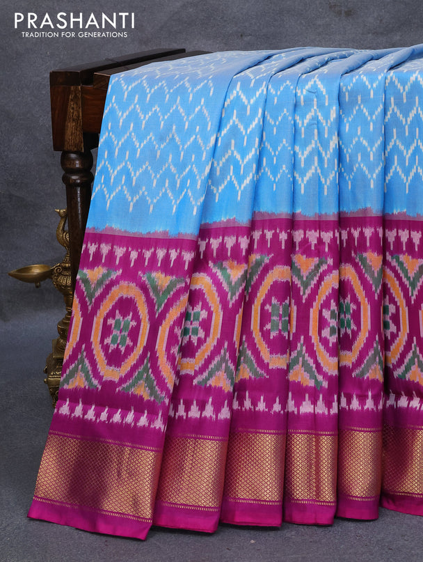 Pochampally silk saree light blue and purple with allover ikat weaves and ikat design zari woven border