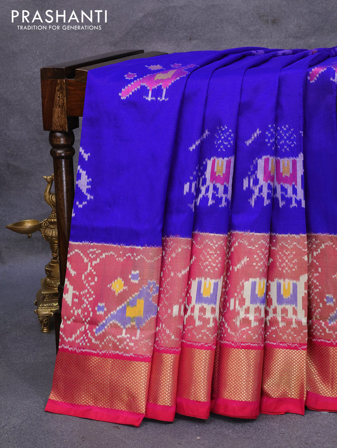 Pochampally silk saree blue and pink with allover ikat woven butta weaves and long zari woven ikat border