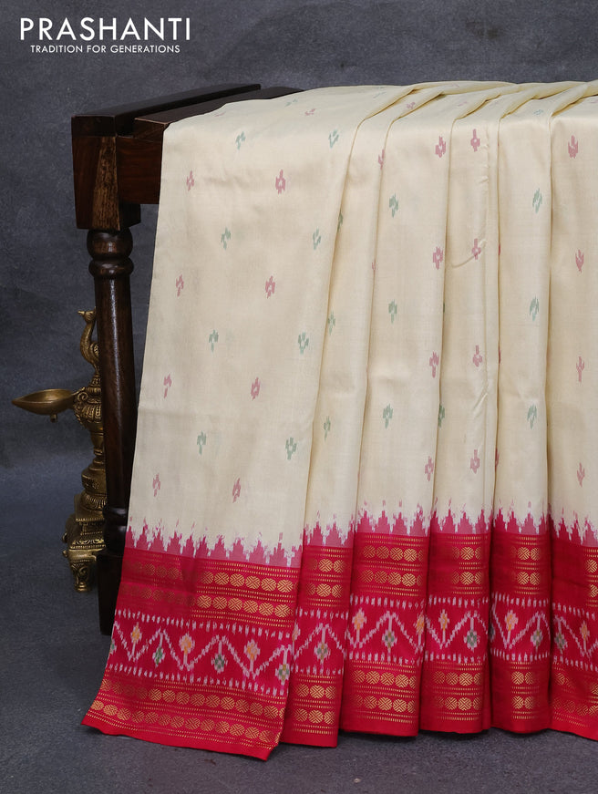 Pochampally silk saree cream and pink with allover ikat woven butta weaves and rettapet ikat woven zari border