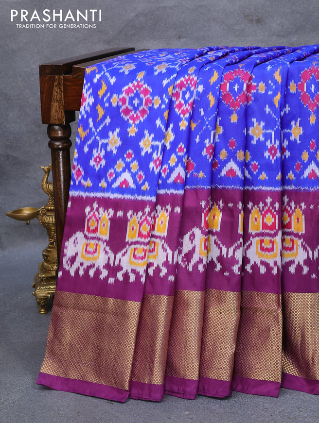Pochampally silk saree blue and deep purple with allover ikat weaves and ikat design zari woven border