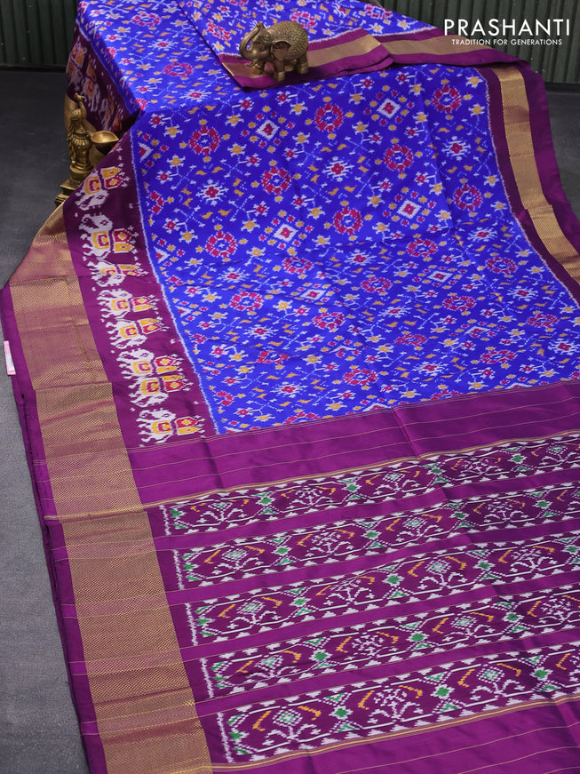 Pochampally silk saree blue and deep purple with allover ikat weaves and ikat design zari woven border