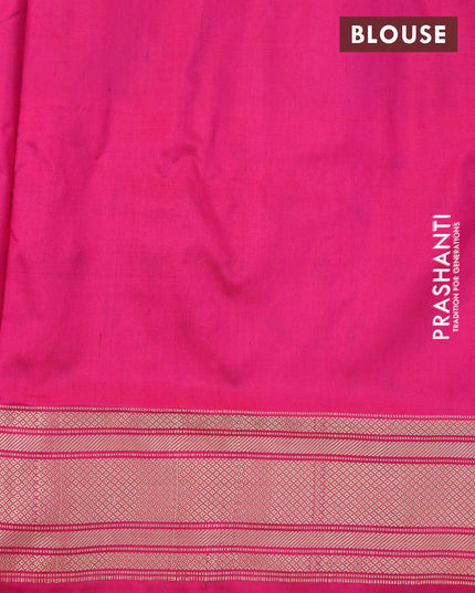 Pochampally silk saree green shade and pink with allover ikat weaves and ikat design zari woven border