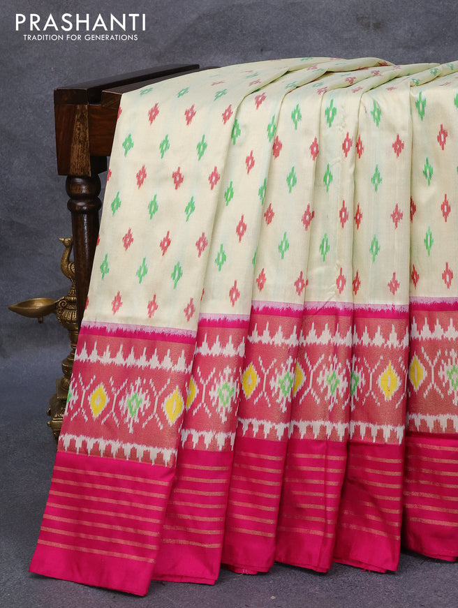 Pochampally silk saree cream and pink with allover ikat woven butta weaves and zari woven ikat style border