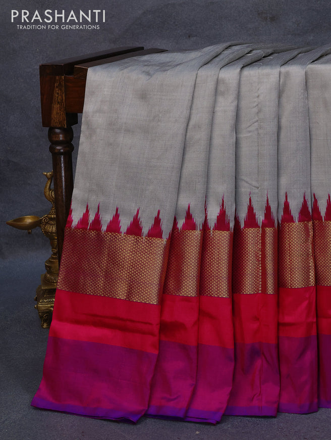 Pochampally silk saree grey with plain body and zari woven ganga jamuna border