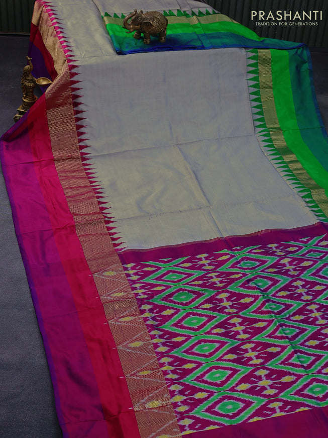 Pochampally silk saree grey with plain body and zari woven ganga jamuna border