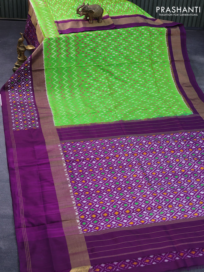 Pochampally silk saree light green and deep purple with allover ikat weaves and zari woven ikat style border
