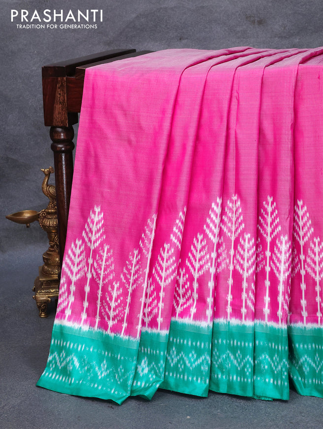 Pochampally silk saree magenta pink and teal green with plain body and printed border