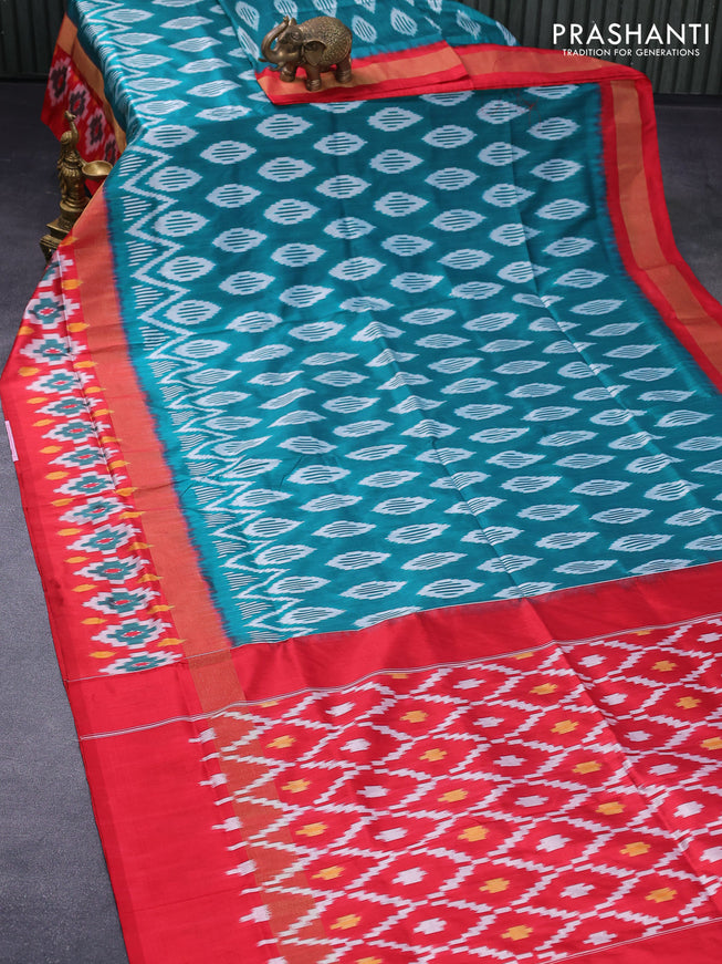 Pochampally silk saree peacock green and red with allover ikat woven butta weaves and zari woven ikat style border