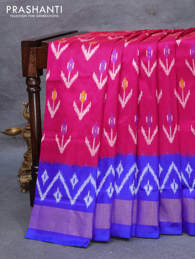Pochampally silk saree pink and royal blue with allover ikat woven butta weaves and ikat design zari woven border