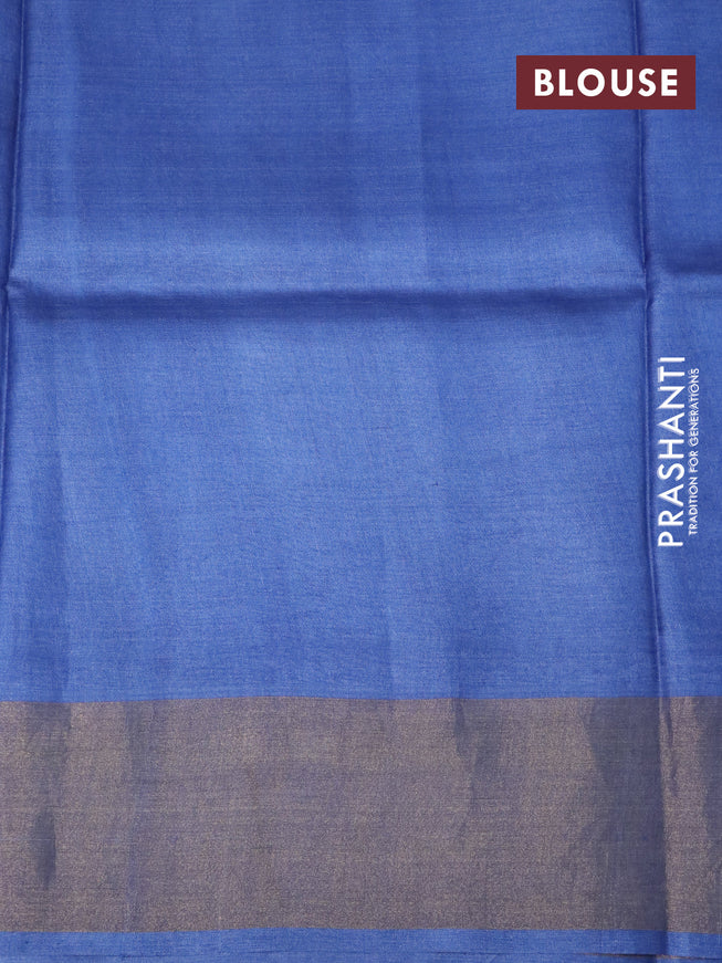 Pure tussar silk saree blue with allover prints and zari woven border