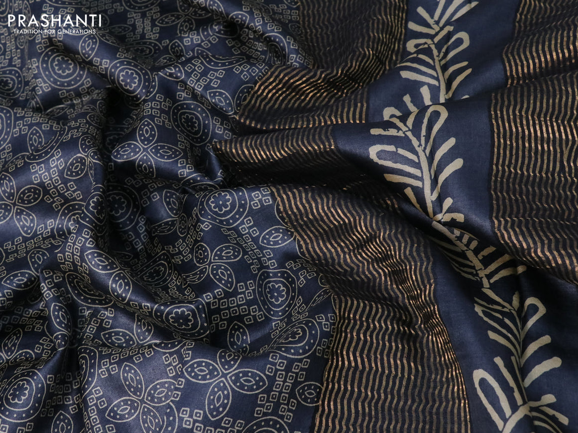 Pure tussar silk saree grey with allover prints and zari woven border