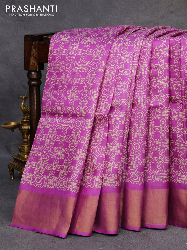 Pure tussar silk saree purple with allover prints and zari woven border
