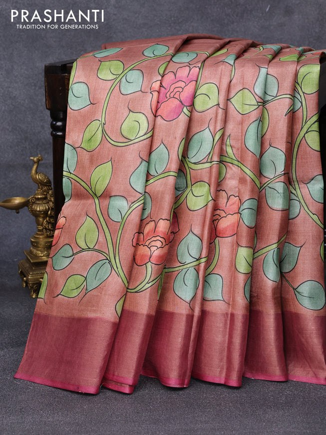 Pure tussar silk saree pastel brown and maroon with allover floral kalamkari hand painted prints and zari woven border