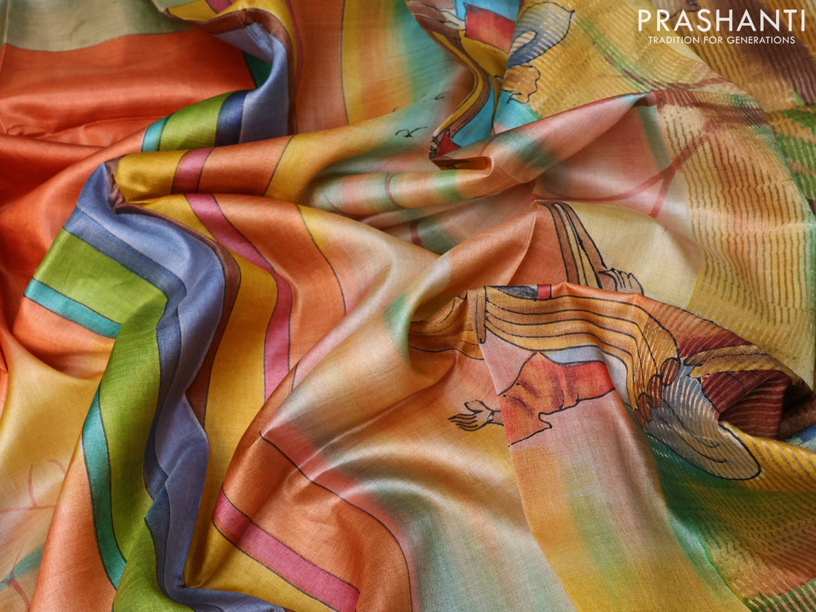Pure tussar silk saree orange and light blue with hand painted prints and zari woven border